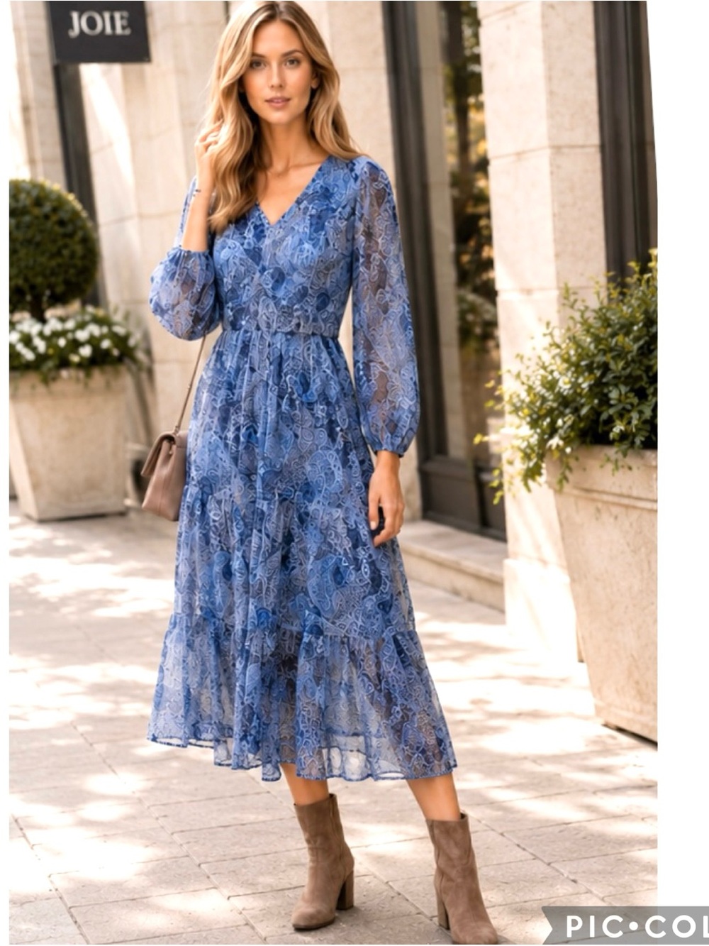 NWT Joie Parisian Paisley Blue Boho Midi Dress XL Sheer Sleeve Tiered